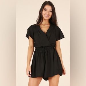 NWT Showpo Between Us Playsuit Faux Wrap Open Back Romper Black US 4 / AUS 8
